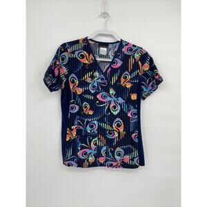 Cherokee Womens Printed Stretch Mock Wrap Knit Panel Scrub Top Navy Blue Size S